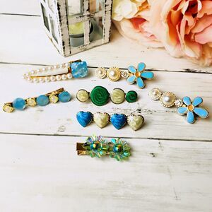 7 New Hair Clips/Barrettes Blue & White Flowers, Faux Pearls, Enamel Gold Tone